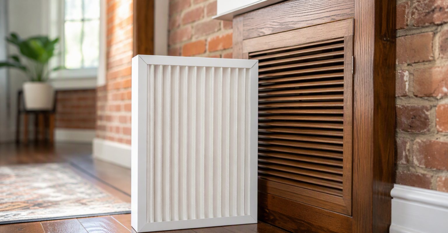 A clean pleated HVAC air filter beside a return-air grille in a bright hallway
