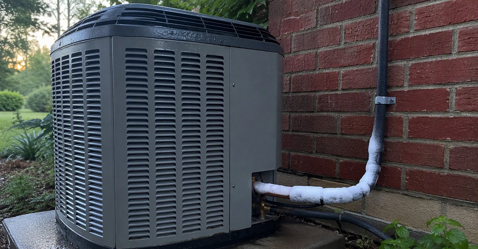 An outdoor central-air condenser with a glaze of ice on the refrigerant line on a humid morning